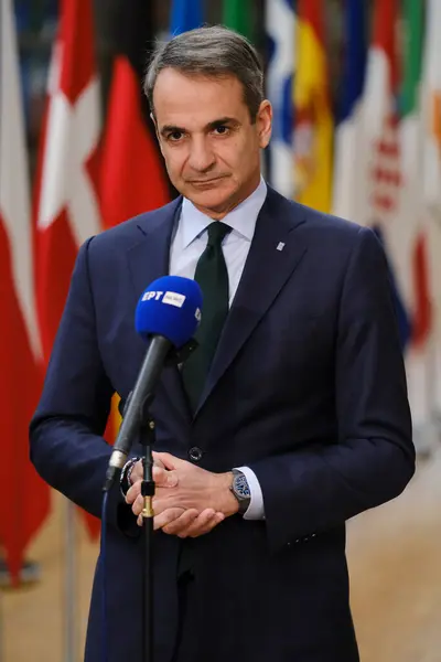 stock image Greece's Prime Minister Kyriakos Mitsotakis gives a presser during the  EU Summit, at the EU headquarters in Brussels, on March 22, 2024. 