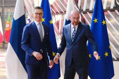 Avrupa Konseyi Başkanı Charles Michel, Finlandiya Cumhurbaşkanı Alexander Stubb 'ı 10 Nisan 2024' te Brüksel, Belçika 'daki Avrupa Konseyi binasına gelişinde karşıladı.. 