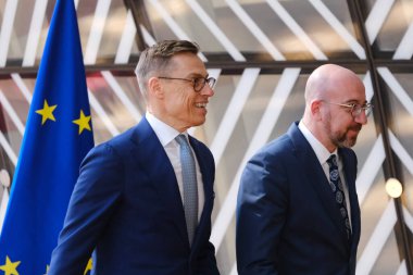 Avrupa Konseyi Başkanı Charles Michel, Finlandiya Cumhurbaşkanı Alexander Stubb 'ı 10 Nisan 2024' te Brüksel, Belçika 'daki Avrupa Konseyi binasına gelişinde karşıladı.. 