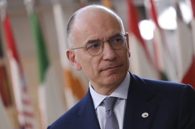 Enrico Letta, former Prime Minister of Italy   speaks to the media at the informal European Union leaders summit in Brussels, Belgium April 18, 2024. clipart