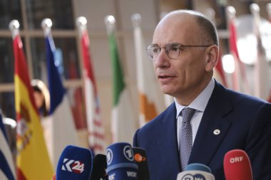 Enrico Letta, former Prime Minister of Italy   speaks to the media at the informal European Union leaders summit in Brussels, Belgium April 18, 2024. clipart