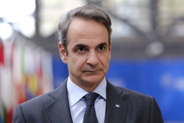 Yunanistan Başbakanı Kyriakos Mitsotakis 18 Nisan 2024 'te Brüksel, Belçika' da düzenlenen gayrı resmi Avrupa Birliği liderleri zirvesinde basına konuştu.