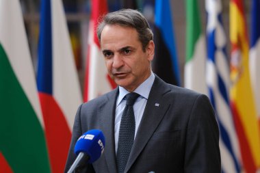 Yunanistan Başbakanı Kyriakos Mitsotakis 18 Nisan 2024 'te Brüksel, Belçika' da düzenlenen gayrı resmi Avrupa Birliği liderleri zirvesinde basına konuştu.