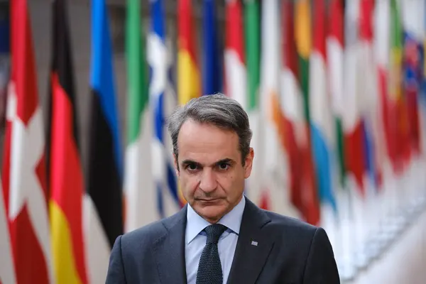 stock image Greece's Prime Minister Kyriakos Mitsotakis speaks to the media at the informal European Union leaders summit in Brussels, Belgium April 18, 2024.