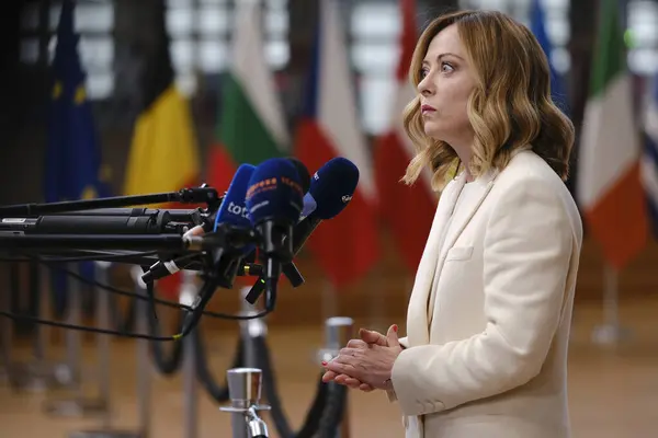 stock image Italy's Prime Minister Giorgia Meloni speaks to the media during an informal European Union leaders' summit in Brussels, Belgium April 18, 2024.