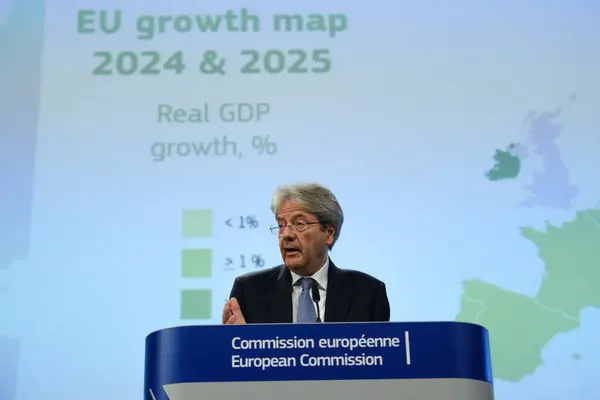 stock image Press conference by European Commissioner Paolo GENTILONI on the Spring 2024 Economic Forecast  in Brussels, Belgium on May 15, 2024.