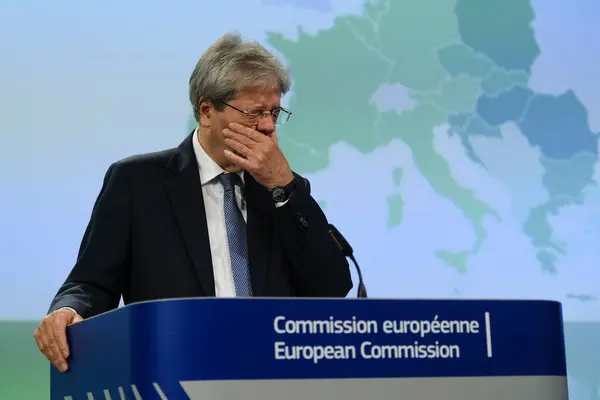 stock image Press conference by European Commissioner Paolo GENTILONI on the Spring 2024 Economic Forecast  in Brussels, Belgium on May 15, 2024.