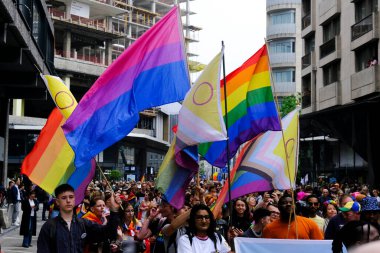 Belçika 'nın başkenti Brüksel' de 18 Mayıs 2024 'te lezbiyen, eşcinsel, biseksüel ve transseksüel insanların bir tezahürü olan Belçika Gururu için insanlar toplandı..