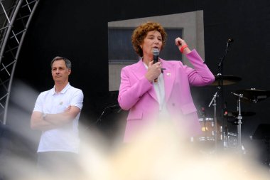 Petra De Sutter, Deputy Prime Minister of Belgium gives a speech during the Brussels Pride in Belgium on May 18, 2024 clipart