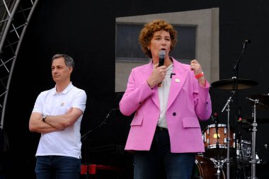 Petra De Sutter, Deputy Prime Minister of Belgium gives a speech during the Brussels Pride in Belgium on May 18, 2024 clipart