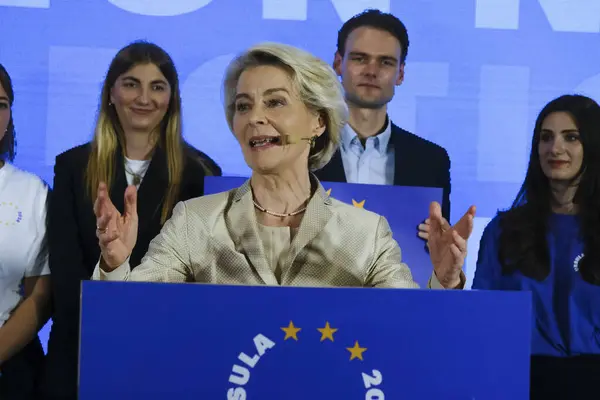 stock image President of the EPP Manfred Weber and European Commission President and EPP lead candidate Ursula von der Leyen deliver a speech during an EPP election evening after the vote for the European Parliament election in Brussels, Belgium on June 9, 2024.