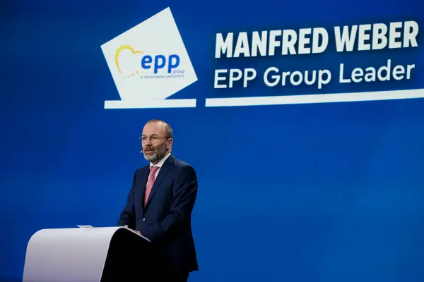 stock image Statement by Manfred WEBER, EPP Group Leader during the European Elections Night in Brussels, Belgium on June 9, 2024.