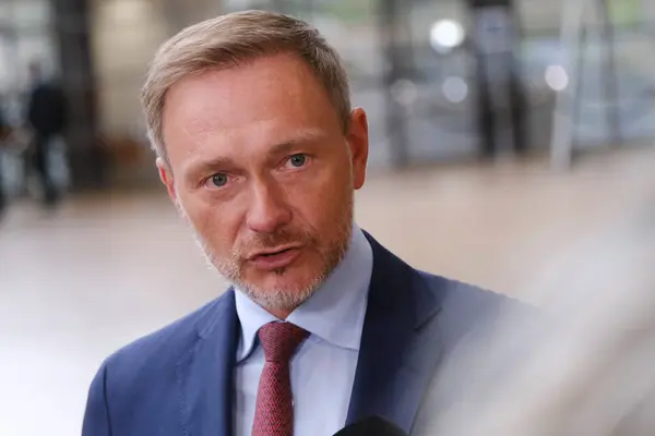 stock image German Finance Minister Christian Lindner  arrives to attend in a meeting of Eurogroup Finance Ministers, at the European Council in Brussels, Belgium on May 13, 2024.