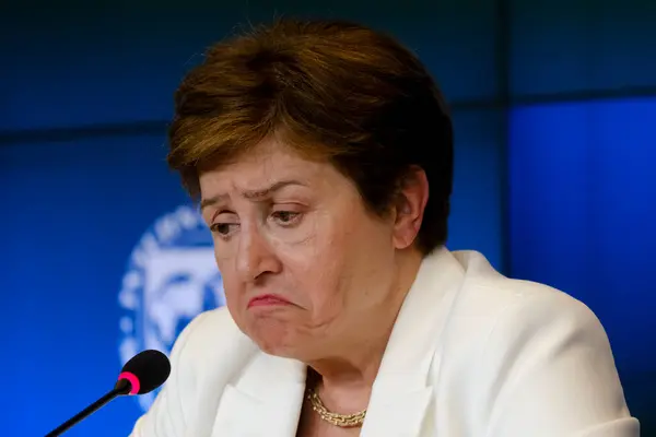 stock image Kristalina Georgieva, managing director of the International Monetary Fund (IMF), speaks at a news conference following a Eurogroup meeting in Luxembourg, on Thursday, June 20, 2024. 