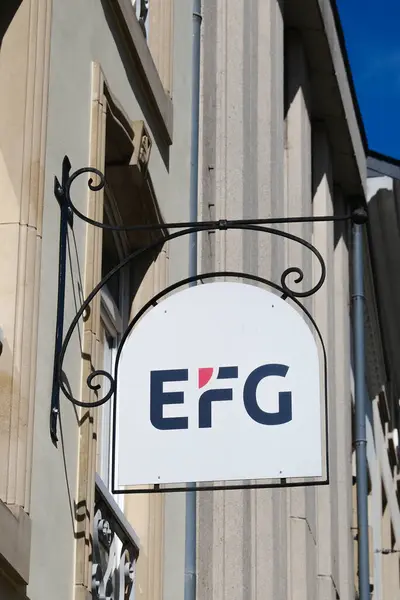 stock image A view of the sign above the EFG Bank branch in center of Luxembourg city on June. 19, 2024.