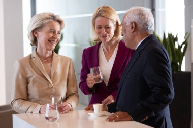 EU  Commission President Ursula Von der Leyen, Estonian Prime Minister Kaja Kallas, and former Prime Minister Antonio Costa during a meeting in Brussels, Belgium, 28 June 2024. clipart