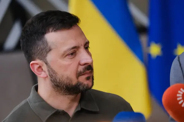 stock image Ukrainian President Volodymyr Zelenskiy and European Council President Charles Michel arrive to attend the European Union leaders' summit in Brussels, Belgium, June 27, 2024