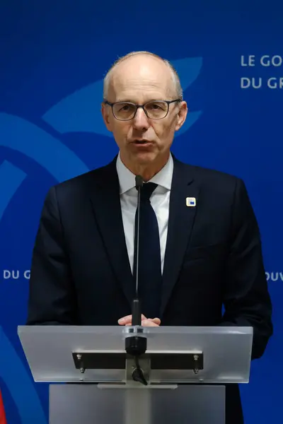 stock image Luc Frieden, Prime Minister of Luxembourg gives a presser at the end of the first day of a European Union leaders' summit in Brussels, Belgium June 28, 2024.