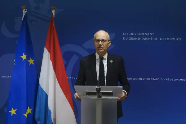 stock image Luc Frieden, Prime Minister of Luxembourg gives a presser at the end of the first day of a European Union leaders' summit in Brussels, Belgium June 28, 2024.