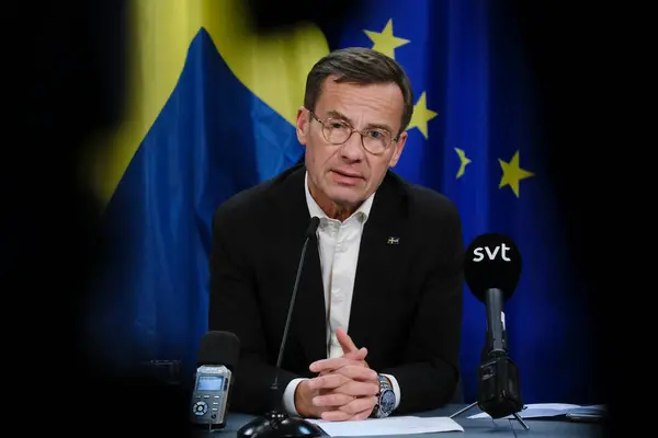 stock image Sweden's Prime Minister Ulf Kristersson gives a presser at the end of the first day of a European Union leaders' summit in Brussels, Belgium June 28, 2024.