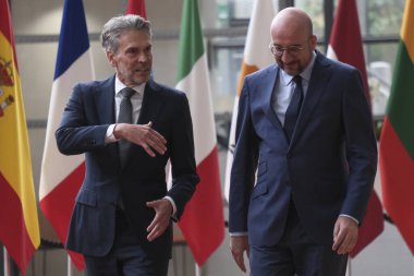 European Council President Charles Michel welcomes The Netherlands Prime Minister Dick Schoof prior to a meeting at the EU Council building in Brussels, Belgium on July 8, 2024.