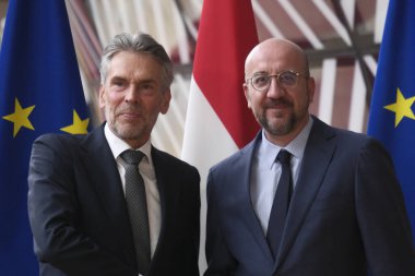 European Council President Charles Michel welcomes The Netherlands Prime Minister Dick Schoof prior to a meeting at the EU Council building in Brussels, Belgium on July 8, 2024.