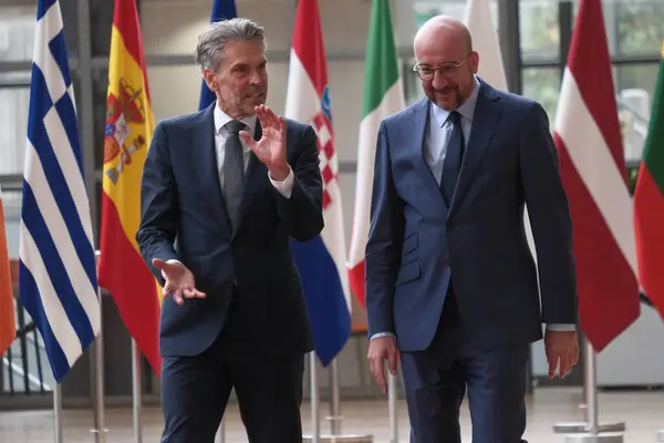 stock image European Council President Charles Michel welcomes The Netherlands Prime Minister Dick Schoof prior to a meeting at the EU Council building in Brussels, Belgium on July 8, 2024.