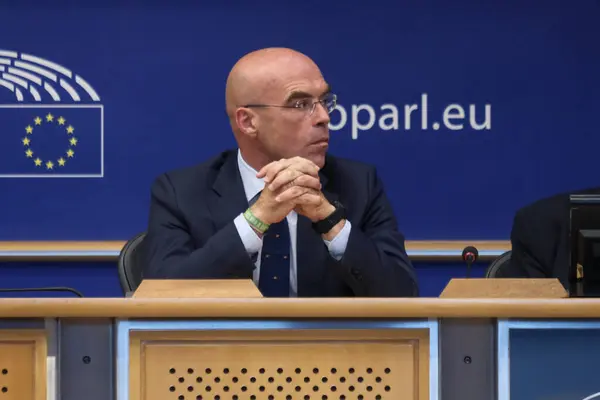 stock image Member of the EU Parliament Jorge Buxade Villalba attends a press conference during the first meeting for the new Group Patriots for Europe in Brussels, Belgium on July 8, 2024. 