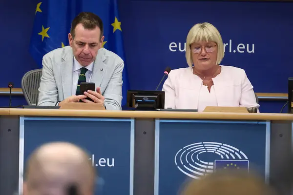 stock image Senior officials of right-wing parties and Members of the EU Parliament  attends a press conference during the first meeting for the new Group Patriots for Europe in Brussels, Belgium on July 8, 2024.