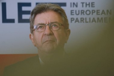 French leftist La France Insoumise (France Unbowed) LFI party's founder Jean-Luc Melenchon gives a press conference at the European Parliament in Brussels, Belgium on July 10, 2024 clipart