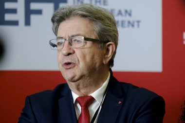 French leftist La France Insoumise (France Unbowed) LFI party's founder Jean-Luc Melenchon gives a press conference at the European Parliament in Brussels, Belgium on July 10, 2024 clipart