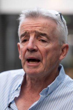 Irish low-cost airline Ryanair CEO Michael O'Leary addresses a press conference in Brussels, Belgium on August 27, 2024. clipart