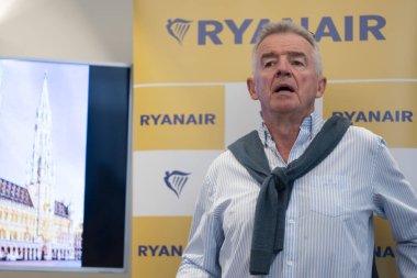 Irish low-cost airline Ryanair CEO Michael O'Leary addresses a press conference in Brussels, Belgium on August 27, 2024. clipart