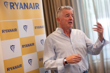 İrlandalı düşük maliyetli havayolu CEO 'su Michael O' Leary 27 Ağustos 2024 'te Brüksel, Belçika' da basın toplantısı düzenledi..