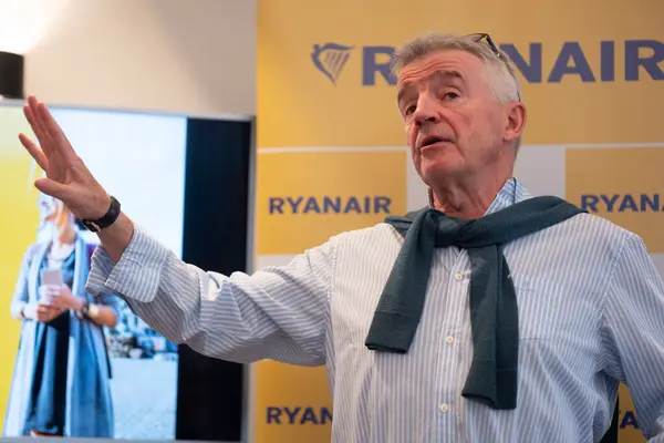 stock image Irish low-cost airline Ryanair CEO Michael O'Leary addresses a press conference in Brussels, Belgium on August 27, 2024.