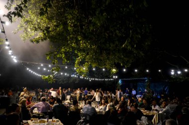 İnsanlar, 26 Temmuz 2024 'te Lefka veya Yunanistan' ın Paloukova köyünde düzenlenen festivalde geleneksel halk danslarında festivale katılıyor..