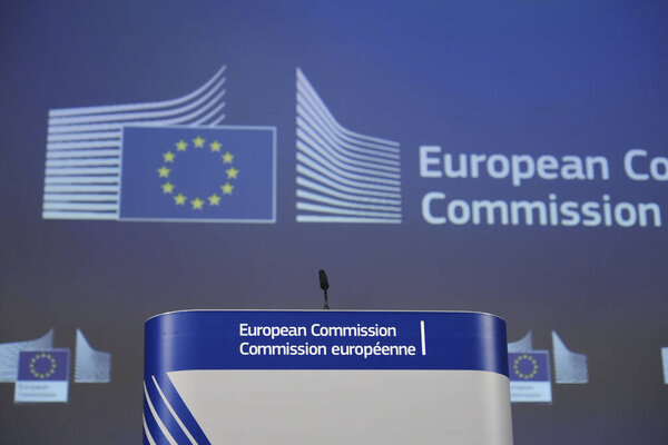 A podium during a press conference  at the European Commission in Brussels, Belgium on Sep. 10, 2024.