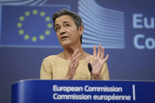 stock image Press conference by EU Commissioner Margrethe VESTAGER following the Court of Justice rulings on the Apple tax State aid and Google Shopping antitrust cases in Brussels, Belgium on Sep. 10, 2024.