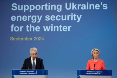 European Commission President Ursula von der LEYEN speaks during a press conference at the EU headquarters in Brussels, Belgium on September 19, 2024. clipart