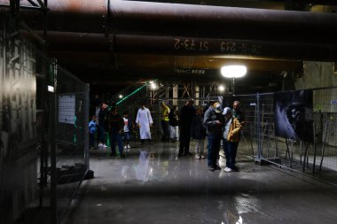 Visitors and employees of Metro's construction company present to the public a metro station construction site in Brussels, Belgium on September 22, 2024. clipart