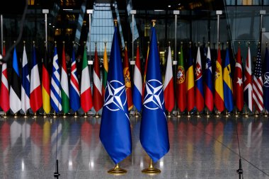 1 Ekim 2024 'te Brüksel, Belçika' daki örgüt merkezinde NATO üyesi ülkelerin ulusal bayrakları.