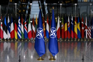 The national flags of countries member of the NATO in the organisation headquarters in Brussels, Belgium on October 1, 2024. clipart