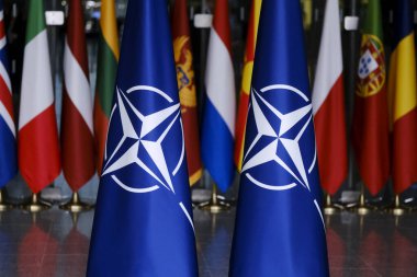 1 Ekim 2024 'te Brüksel, Belçika' daki örgüt merkezinde NATO üyesi ülkelerin ulusal bayrakları.