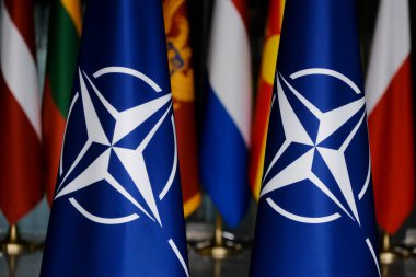 1 Ekim 2024 'te Brüksel, Belçika' daki örgüt merkezinde NATO üyesi ülkelerin ulusal bayrakları.