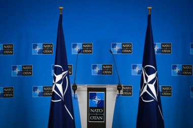 Press podium before a press conference ahead of a NATO Defence ministers' meeting at the NATO headquarters in Brussels, Belgium on October 1, 2024. clipart