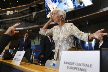 Christine Lagarde, President of the European Central Bank (ECB),  attends in a European Parliament's Committee on Economic Affairs at the EU Parliament in Brussels, Belgium on September 30, 2024. clipart