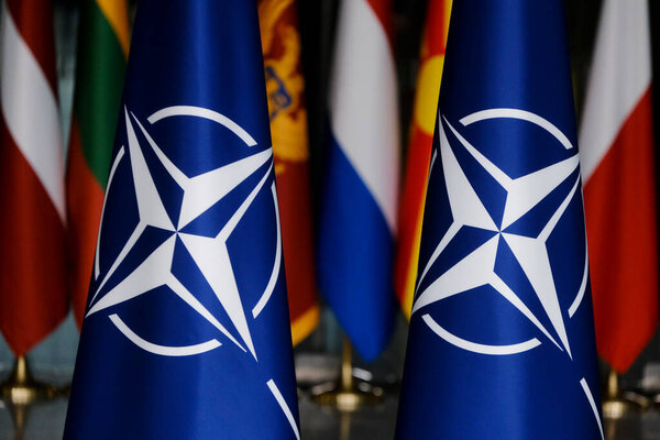 The national flags of countries member of the NATO in the organisation headquarters in Brussels, Belgium on October 1, 2024.