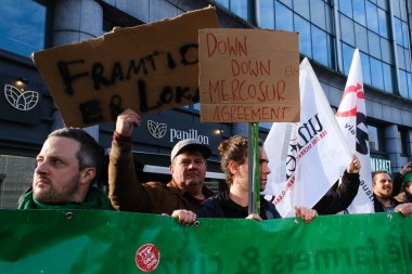 European farmers gather to protest against an EU-Mercosur agreement, ahead of trade talks at the G20 summit in Brazil, in Brussels, Belgium on November 13, 2024. clipart