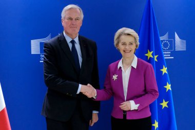 European Commission President Ursula von der Leyen meets French Prime Minister Michel Barnier in Brussels, Belgium on November 13, 2024. clipart