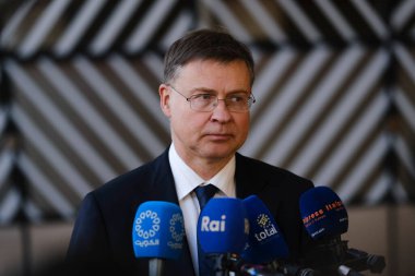 EU Commissioner Valdis Dombrovskis at the beginning of the Eurozone finance ministers meeting in Brussels, Belgium on November 4, 2024 clipart